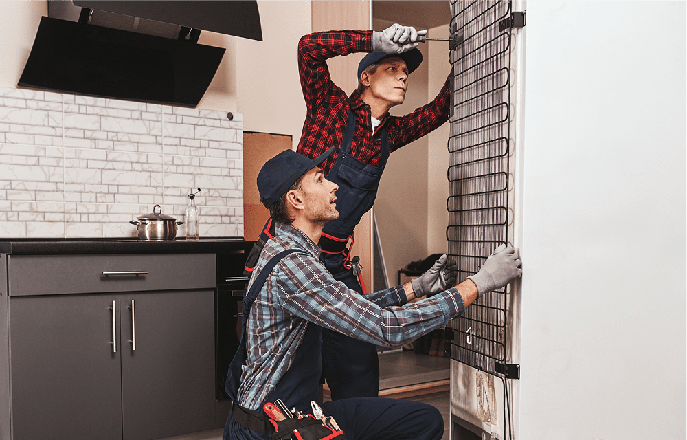 Two technicians performing fridge maintenance