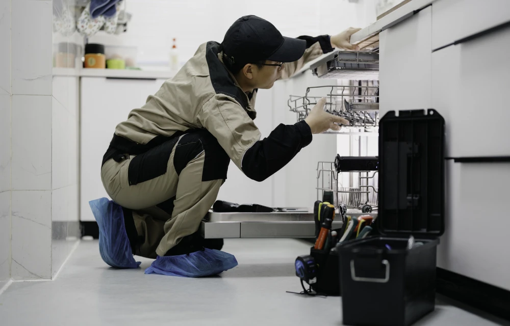 Professional fixing a dishwasher